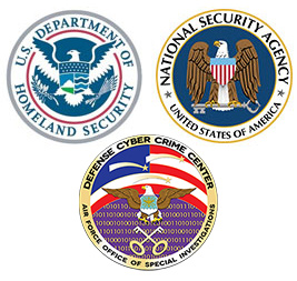 Badges representing Champlain's DHS, NSA, DC3 Designations