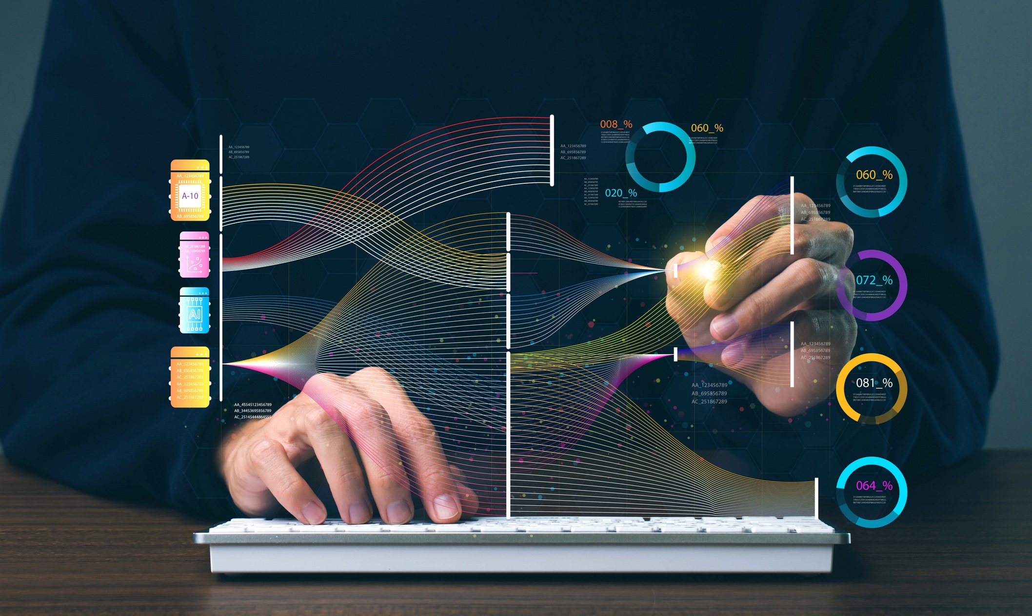 Data scientists analyze and visualize massive data on virtual screens, using AI to process complex data