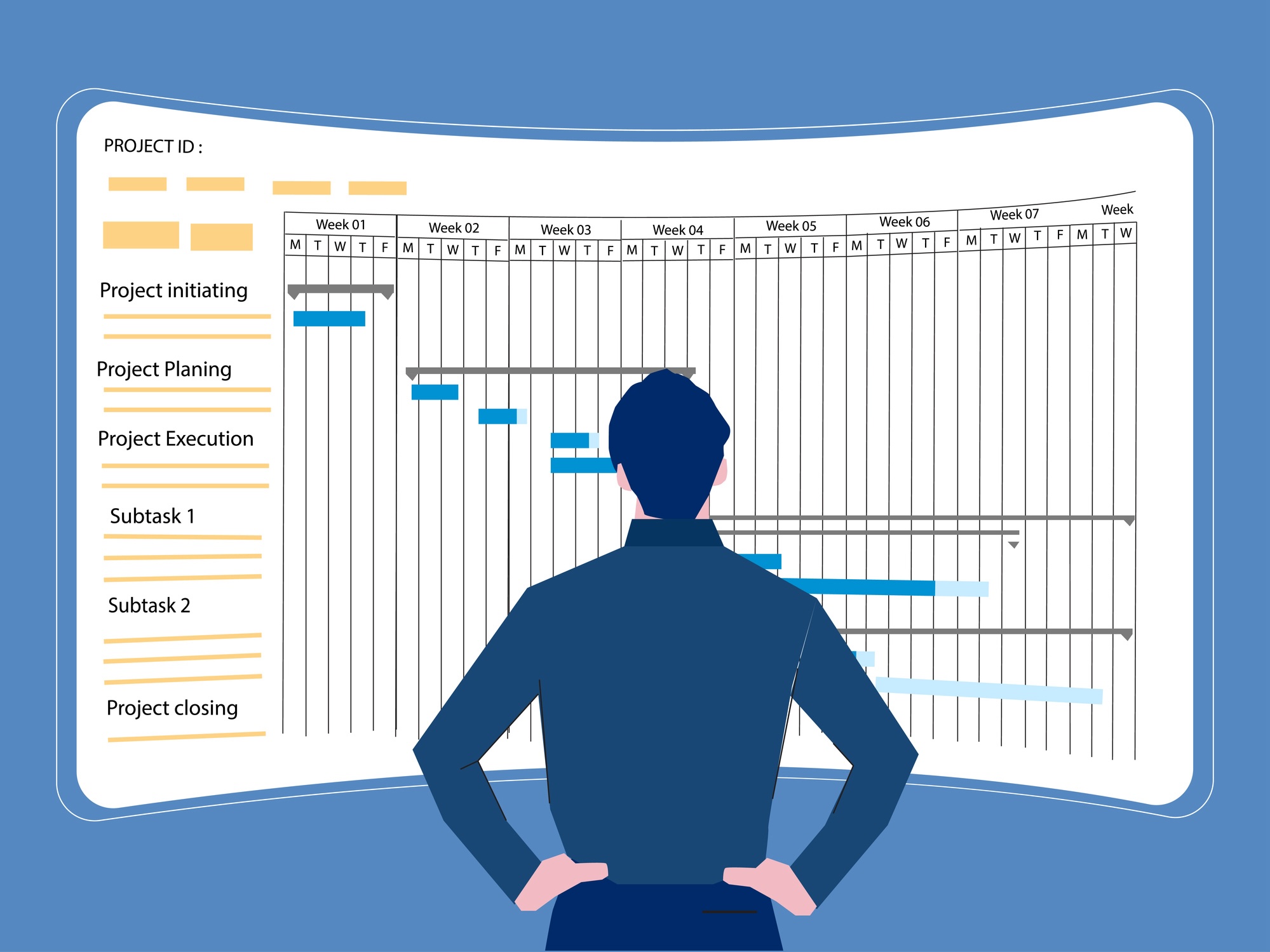 Project manager working with Gantt chart planning schedule, tracking milestones and deliverables and updating tasks progress,