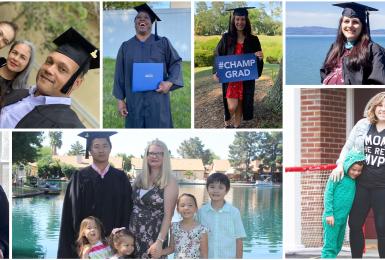 Champlain College Online graduates celebrating commencement at home.