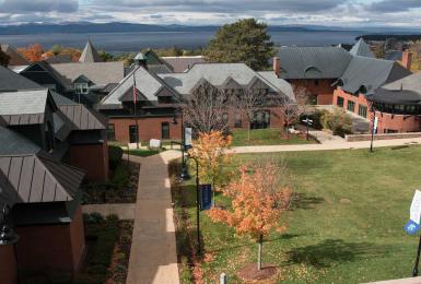 Aerial shot of Champlain College campus on a fall day