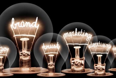 Multiple lightbulbs with various marketing related words inside
