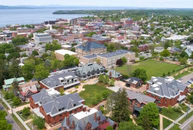 Champlain College Campus aerial photo overlooking Lake Champlain in Burlington, Vermont