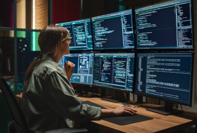 cybersecurity professional looking at multiple monitors