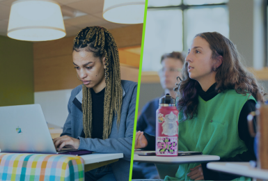 Split images of two female students. One is working on her laptop and the other is in a classroom.