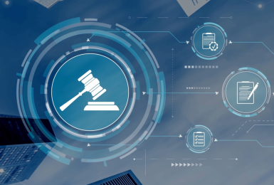 Cybersecurity compliance concept with gavel, checklist, and contract icons on a blue tech background