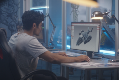 designer creating 3D aircraft model for a video game