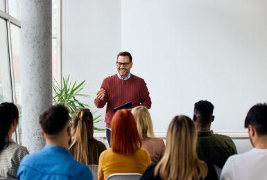 business leader speaking to staff 