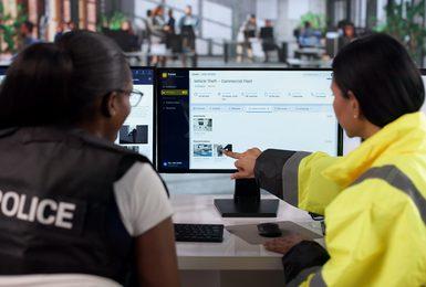 Police detectives reviewing digital case management and evidence software on office monitors