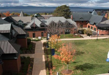 Aerial shot of Champlain College campus on a fall day