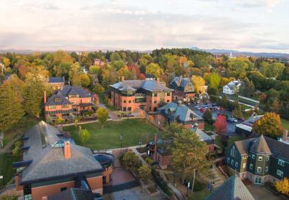 Aerial view of Champlain College's campus in the fall.
