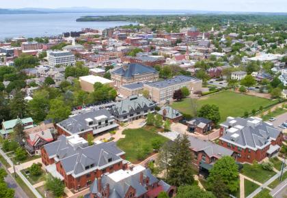 Champlain College Campus aerial photo overlooking Lake Champlain in Burlington, Vermont