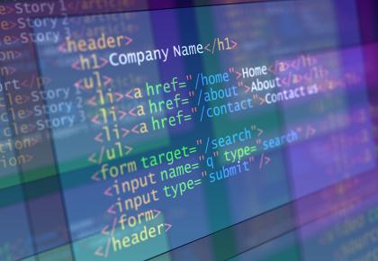 3D source code of a webpage, open in programming editor's application window. Several planes with data floating in 3d space - central one in focus. Digitally generated background, expressing the technologies behind the internet. Webpage making illustration.