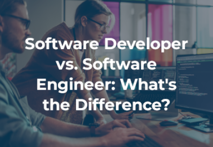software developers looking at computer with blog title overlaid