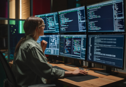 cybersecurity professional looking at multiple monitors