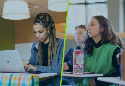 Split images of two female students. One is working on her laptop and the other is in a classroom.