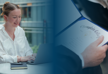Collage of two images showing female student and diploma