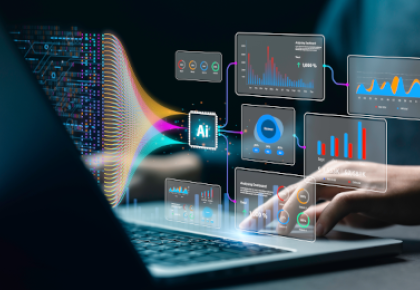 Analyst or Scientist uses a computer and dashboard for analysis of information 