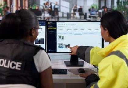 Police detectives reviewing digital case management and evidence software on office monitors