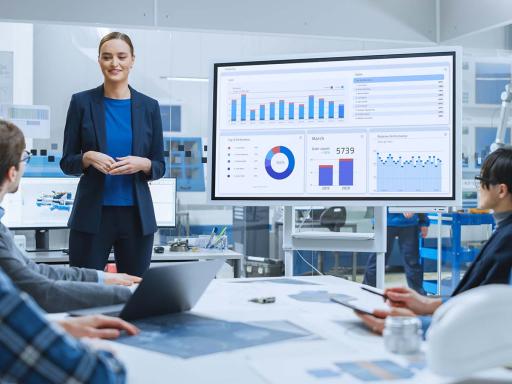 Woman standing by a large monitor with charts speaking to a table of coworkers