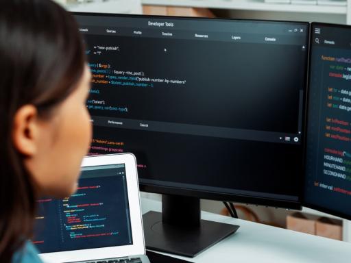 Back of woman's head with her looking at two computer monitors