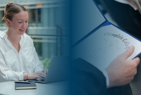 Collage of two images showing female student and diploma