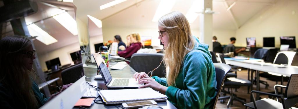 Teen female student working at desk in library