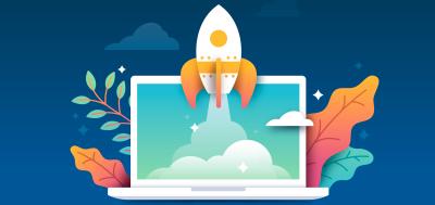 Rocket launching from laptop illustration