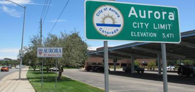 City limits sign for City of Aurora, CO