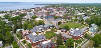 Champlain College Campus aerial photo overlooking Lake Champlain in Burlington, Vermont