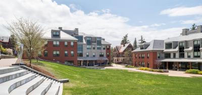 Brick buildings and a grass lawn at Champlain College's Burlington campus