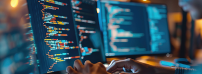 computer programmer writing code on laptop