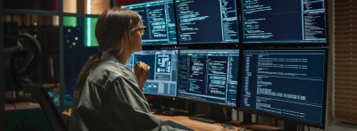 cybersecurity professional viewing multiple monitors