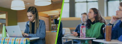Split images of two female students. One is working on her laptop and the other is in a classroom.