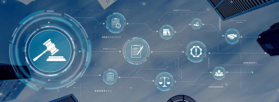 Cybersecurity and compliance icons connected across a digital network with city skyline background.