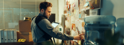 Detective, man and board with evidence for investigation 