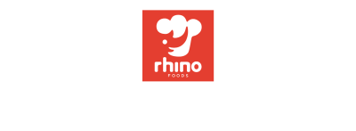 Rhino foods logo red box with a rhino head and the word Rhino underneath