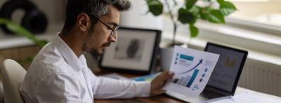 A man in a white dress shirt and glasses sits at a wooden desk reviewing financial charts 
