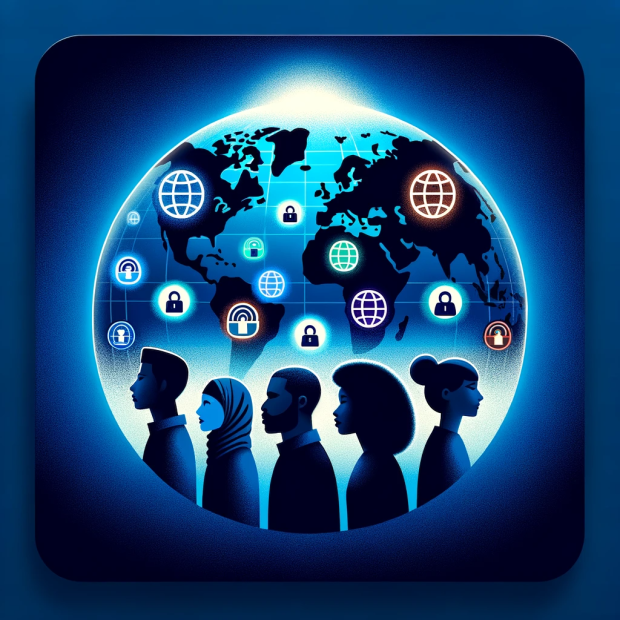 Diverse figures stand in front of the globe surrounded by cybersecurity icons