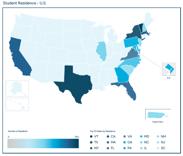 Map of United States with states in different shades of blue based on enrollments