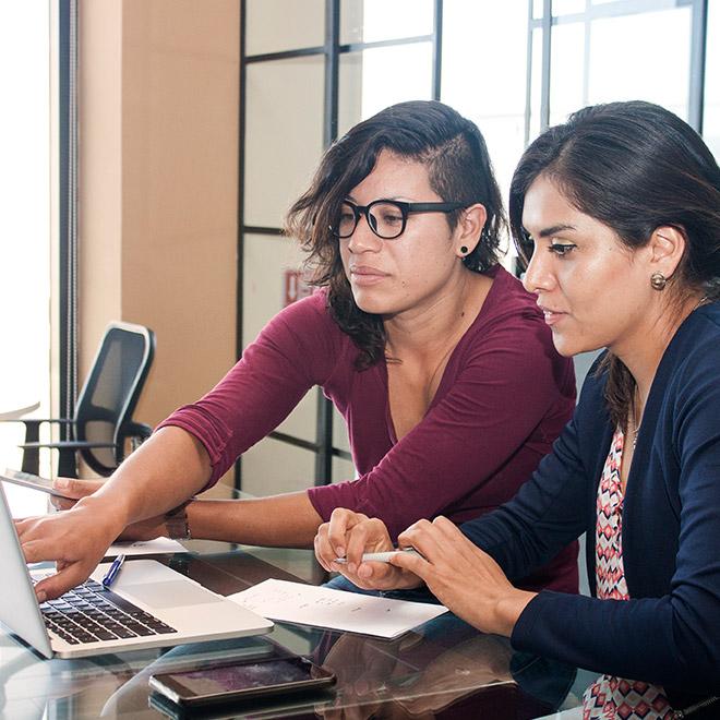 Online communications bachelor's degree graduate collaborating with colleague in office meeting