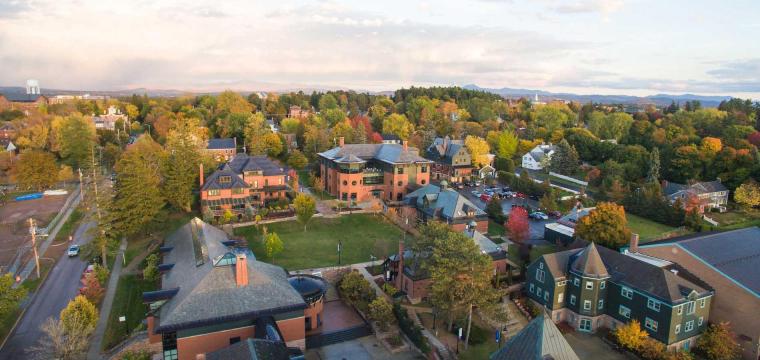 Aerial view of Champlain College's campus in the fall.